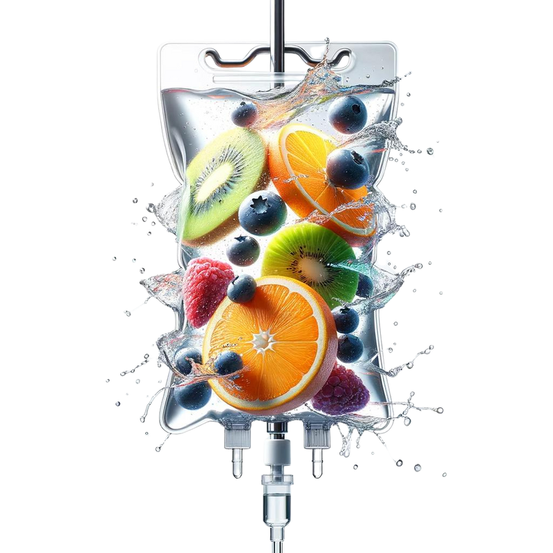 IV bag filled with fresh fruits and water